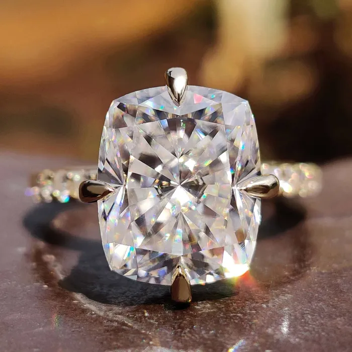 Rings Diamondrensu Compass Setting Cushion Moissanite Halo Engagement Ring