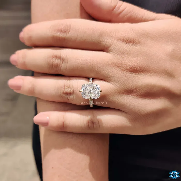 Rings Diamondrensu Compass Setting Cushion Moissanite Halo Engagement Ring