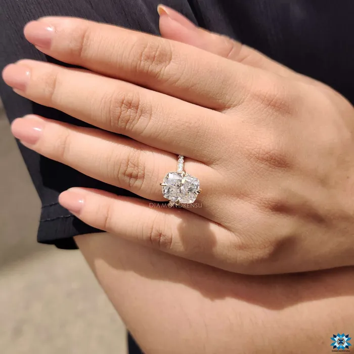 Rings Diamondrensu Compass Setting Cushion Moissanite Halo Engagement Ring