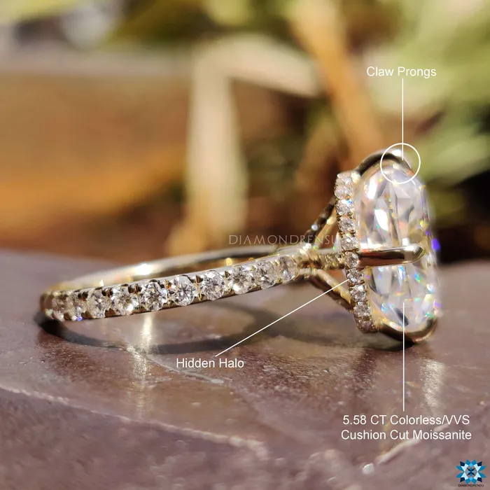 Rings Diamondrensu Compass Setting Cushion Moissanite Halo Engagement Ring