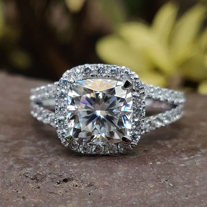 Rings Diamondrensu Cushion Cut Moissanite Halo Engagement Ring Split Shank Halo Engagement Ring 291 TW Moissanite Ring Rings Diamondrensu Cushion Cut Moissanite Halo Engagement Ring Split Shank Halo Engagement Ring 291 TW Moissanite Ring
