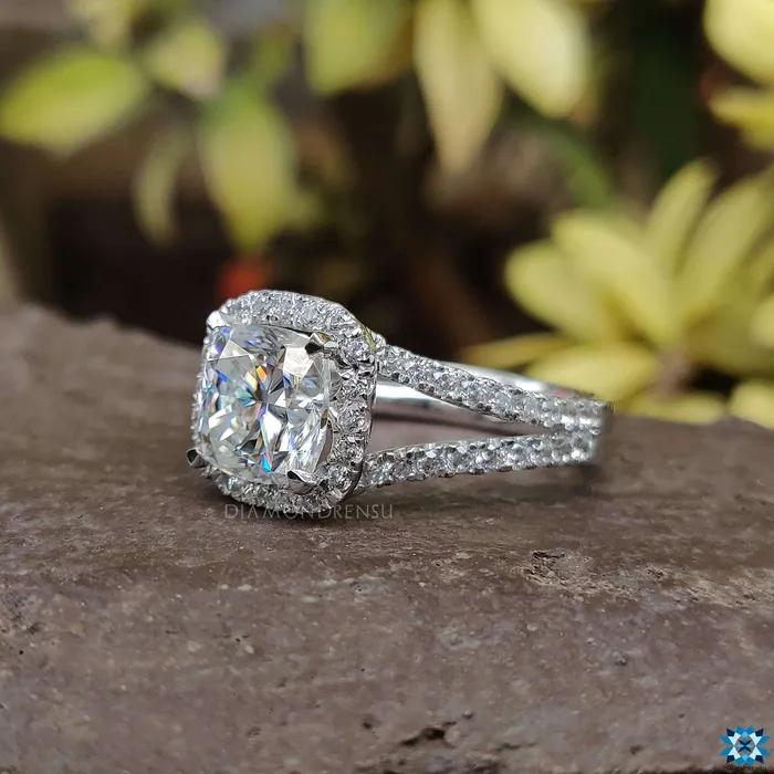 Rings Diamondrensu Cushion Cut Moissanite Halo Engagement Ring Split Shank Halo Engagement Ring 291 TW Moissanite Ring