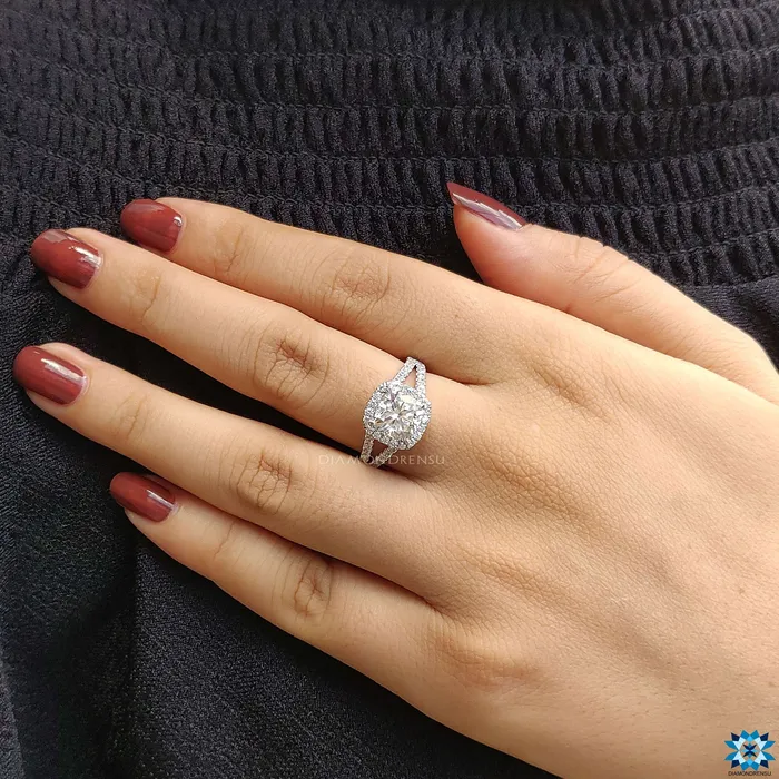 Rings Diamondrensu Cushion Cut Moissanite Halo Engagement Ring Split Shank Halo Engagement Ring 291 TW Moissanite Ring