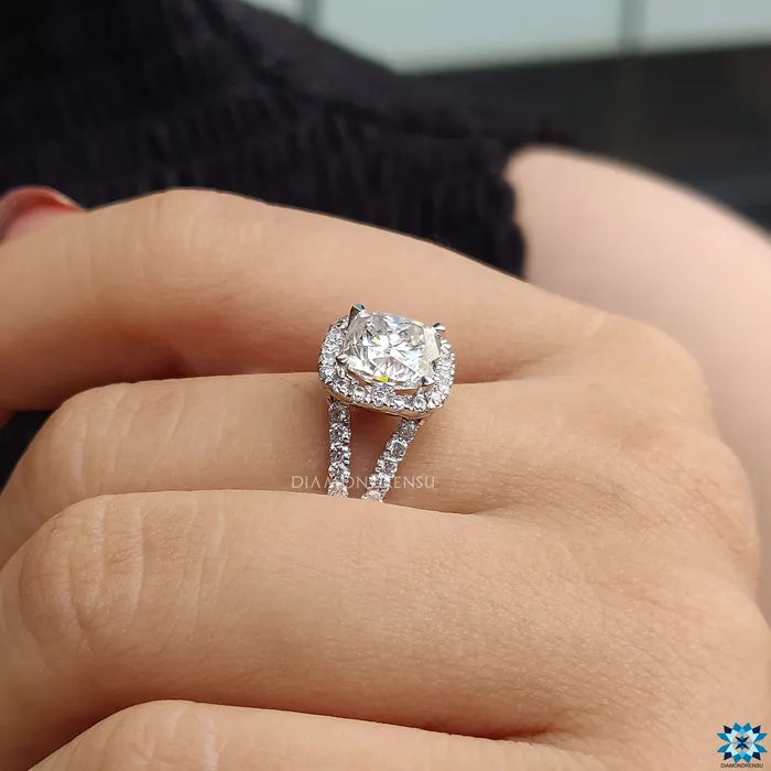 Rings Diamondrensu Cushion Cut Moissanite Halo Engagement Ring Split Shank Halo Engagement Ring 291 TW Moissanite Ring