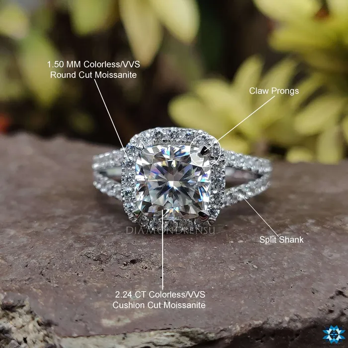 Rings Diamondrensu Cushion Cut Moissanite Halo Engagement Ring Split Shank Halo Engagement Ring 291 TW Moissanite Ring