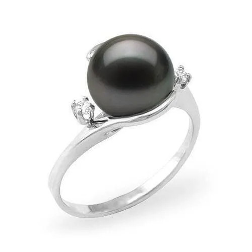 Rings Maui Divers Jewelry Tahitian Black Pearl Ring in White Gold with Diamonds 910mm