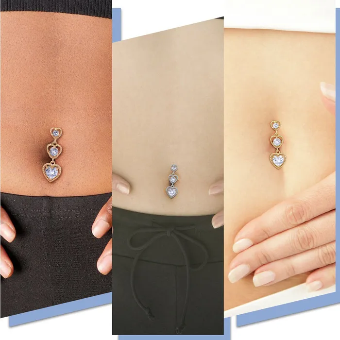 Rings OUFER BODY JEWELRY 14G Triple CZ Hearts Reverse Dangle Belly Button Ring