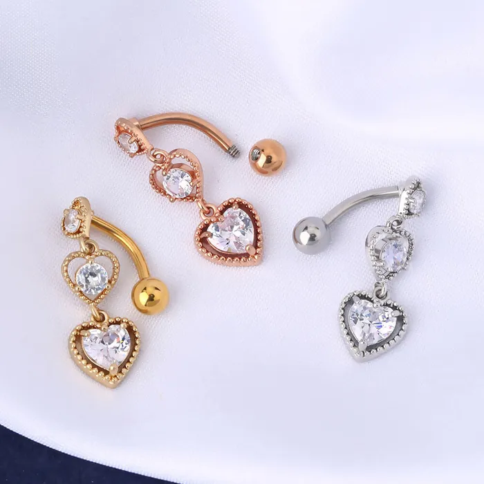 Rings OUFER BODY JEWELRY 14G Triple CZ Hearts Reverse Dangle Belly Button Ring