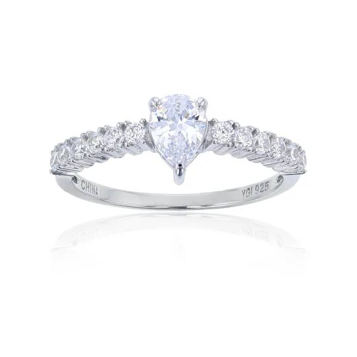 Rings Silver Sterling Silver Rhodium 5x7MM Pear Pave Ring