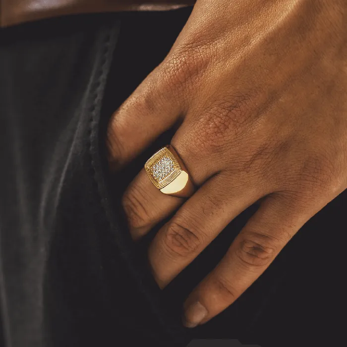 Ripple Pattern Diamond Signet Ring LJ Rings