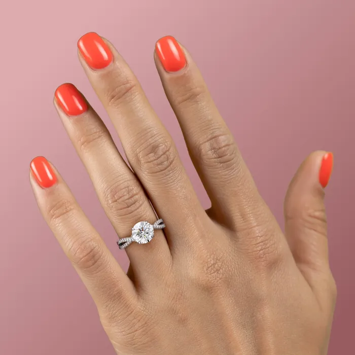 Round Cut Moissanite Engagement Ring Twisted Stone Set Shoulders Flawless Moissanite Rings