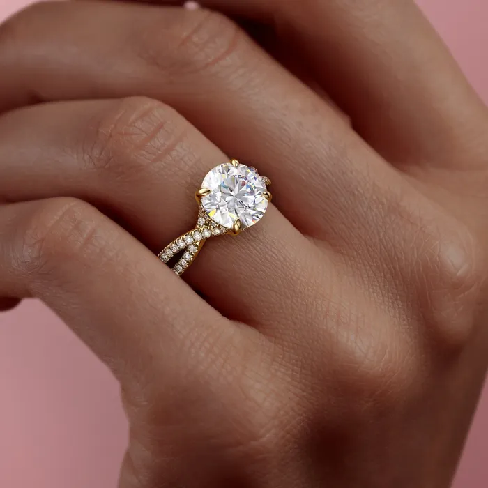Round Cut Moissanite Engagement Ring Twisted Stone Set Shoulders Flawless Moissanite Rings