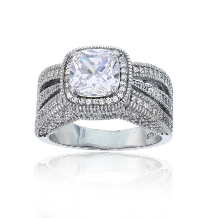 Silver Rings Sterling Silver Rhodium 11mm Micropave Cushion Cubic Zirconia Triple Row Engagement Ring Silver Rings Sterling Silver Rhodium 11mm Micropave Cushion Cubic Zirconia Triple Row Engagement Ring