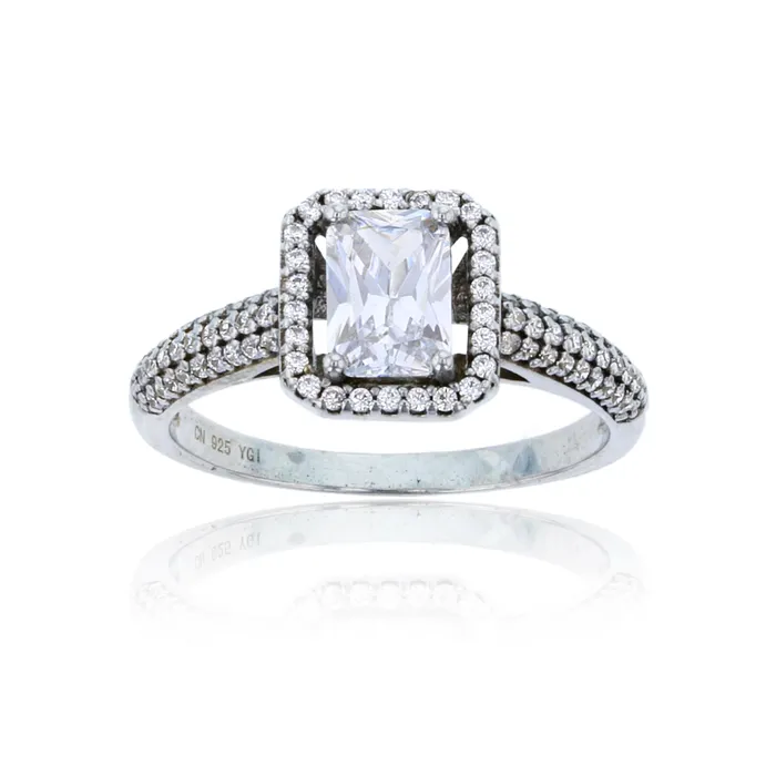 Sterling Silver 5x7mm Emerald Pave Cubic Zirconia Engagement Ring Silver Rings Sterling Silver 5x7mm Emerald Pave Cubic Zirconia Engagement Ring Silver Rings