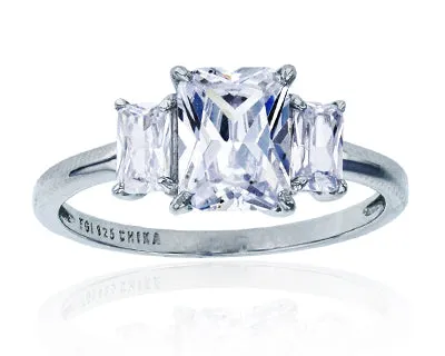 Sterling Silver Rhodium 3Stone Radiant Cut Engagement Ring Silver Rings