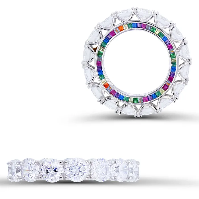 Sterling Silver Rhodium 5mm Round White Cubic Zirconia Tappered Baguette Multicolor Cubic Zirconia Wheel Eternity Band DecadenceJewelry Rings Sterling Silver Rhodium 5mm Round White Cubic Zirconia Tappered Baguette Multicolor Cubic Zirconia Wheel Eternity Band DecadenceJewelry Rings
