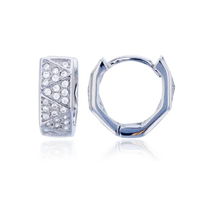 Sterling Silver Rhodium 5X13MM Zig Zag Pave Huggie Earring Silver Earrings