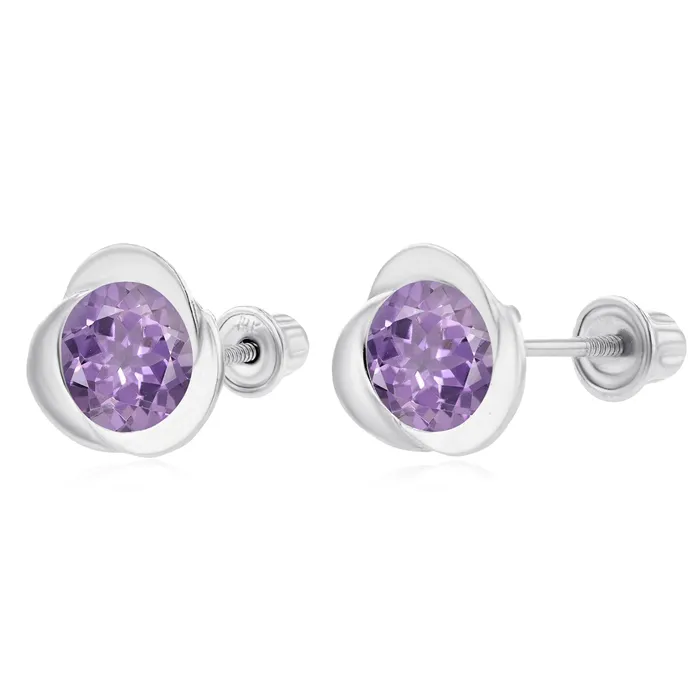 Sterling Silver Rhodium 6mm Round Amethyst Invert Screwback Earrings Silver Earrings