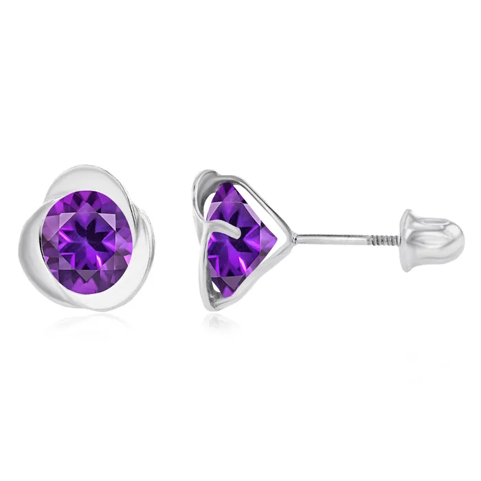 Sterling Silver Rhodium 6mm Round Amethyst Invert Screwback Earrings Silver Earrings