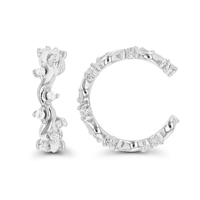 Sterling Silver Rhodium Alternating Cubic Zirconia Ear Cuff Silver Earrings Sterling Silver Rhodium Alternating Cubic Zirconia Ear Cuff Silver Earrings