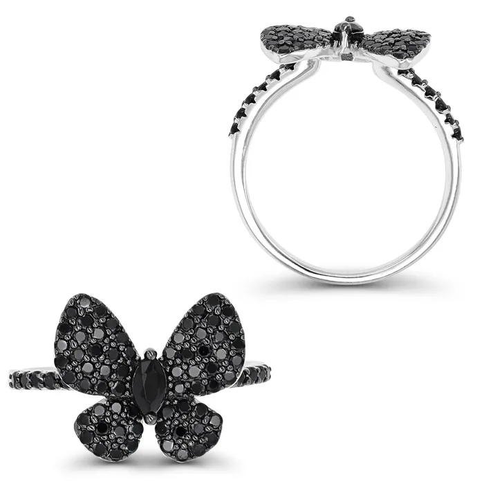 Sterling Silver Rhodium Black Black Spinel Paved Butterfly Fashion Ring Silver Rings Sterling Silver Rhodium Black Black Spinel Paved Butterfly Fashion Ring Silver Rings