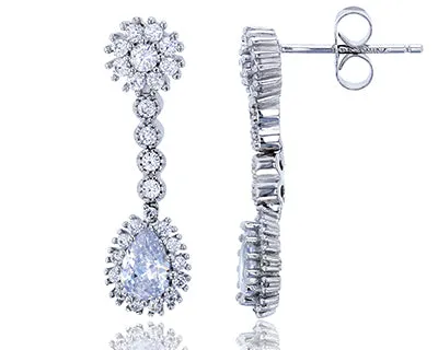 Sterling Silver Rhodium Micropave Round Pear Cubic Zirconia Bridal Dangling Earring Silver Earrings Sterling Silver Rhodium Micropave Round Pear Cubic Zirconia Bridal Dangling Earring Silver Earrings