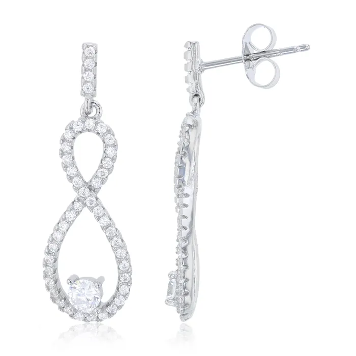 Sterling Silver Rhodium Pave Infinity Dangling Earring Silver Earrings