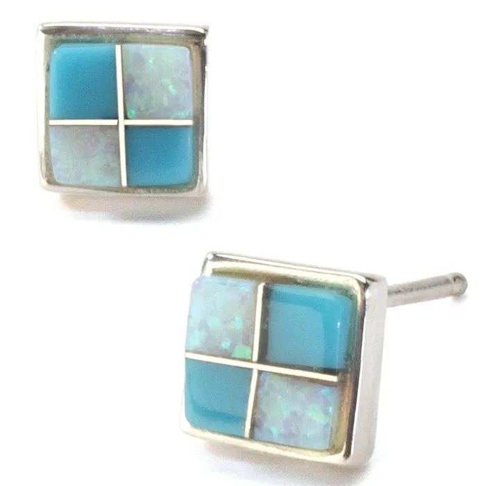 Turquoise Sqaure Earrings Handmade with Sterling Silver and Opal Accent Kalifano Earrings Turquoise Sqaure Earrings Handmade with Sterling Silver and Opal Accent Kalifano Earrings