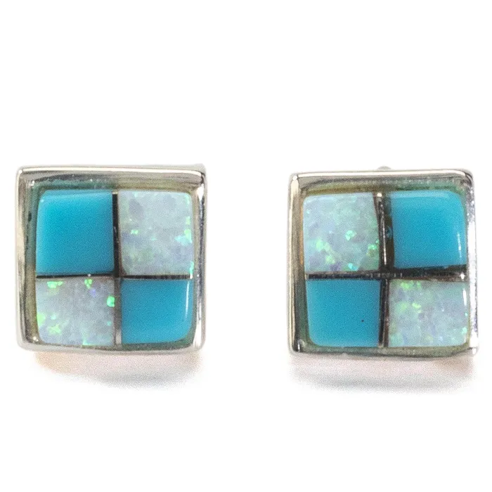 Turquoise Sqaure Earrings Handmade with Sterling Silver and Opal Accent Kalifano Earrings