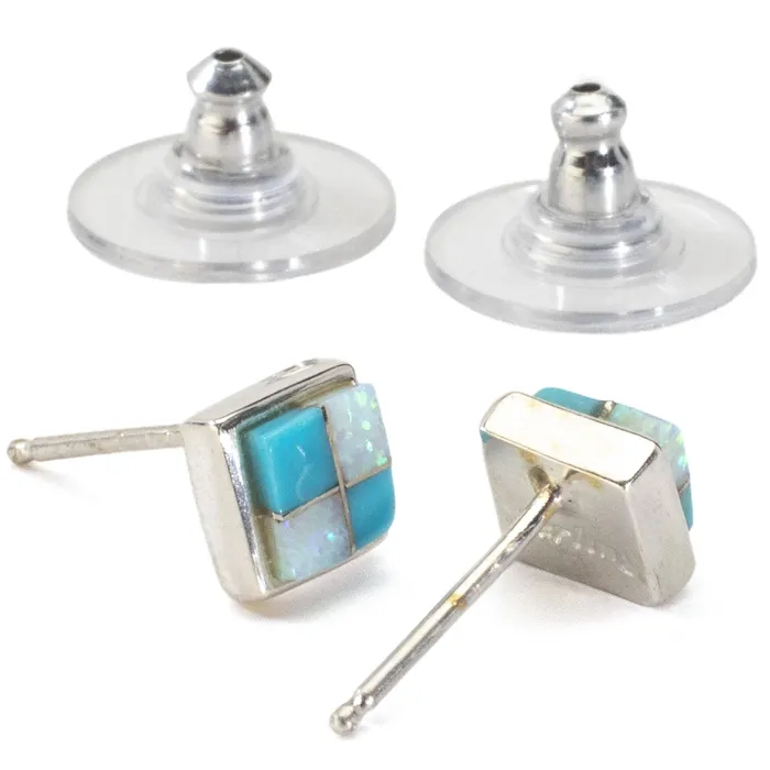 Turquoise Sqaure Earrings Handmade with Sterling Silver and Opal Accent Kalifano Earrings