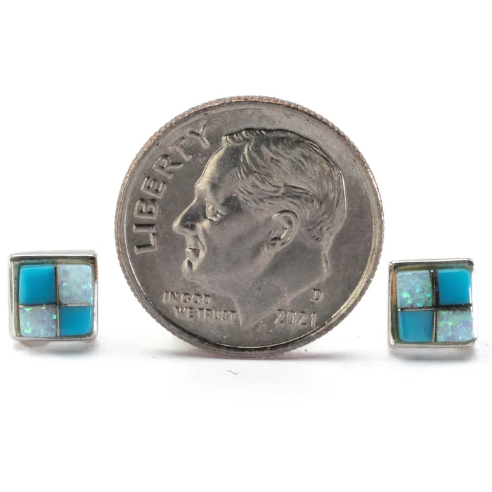 Turquoise Sqaure Earrings Handmade with Sterling Silver and Opal Accent Kalifano Earrings